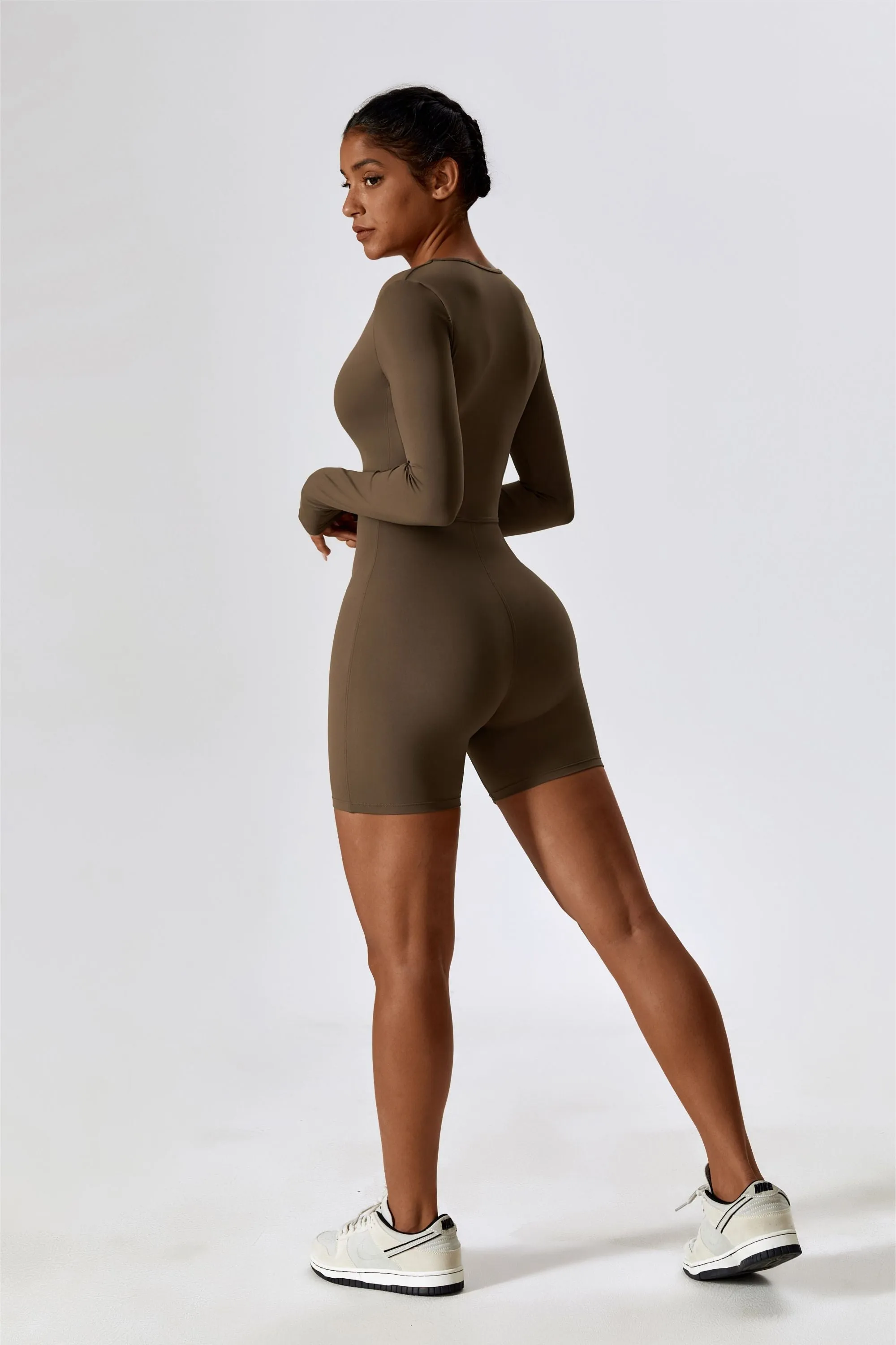 Long Sleeve Plunge Workout Romper Shorts