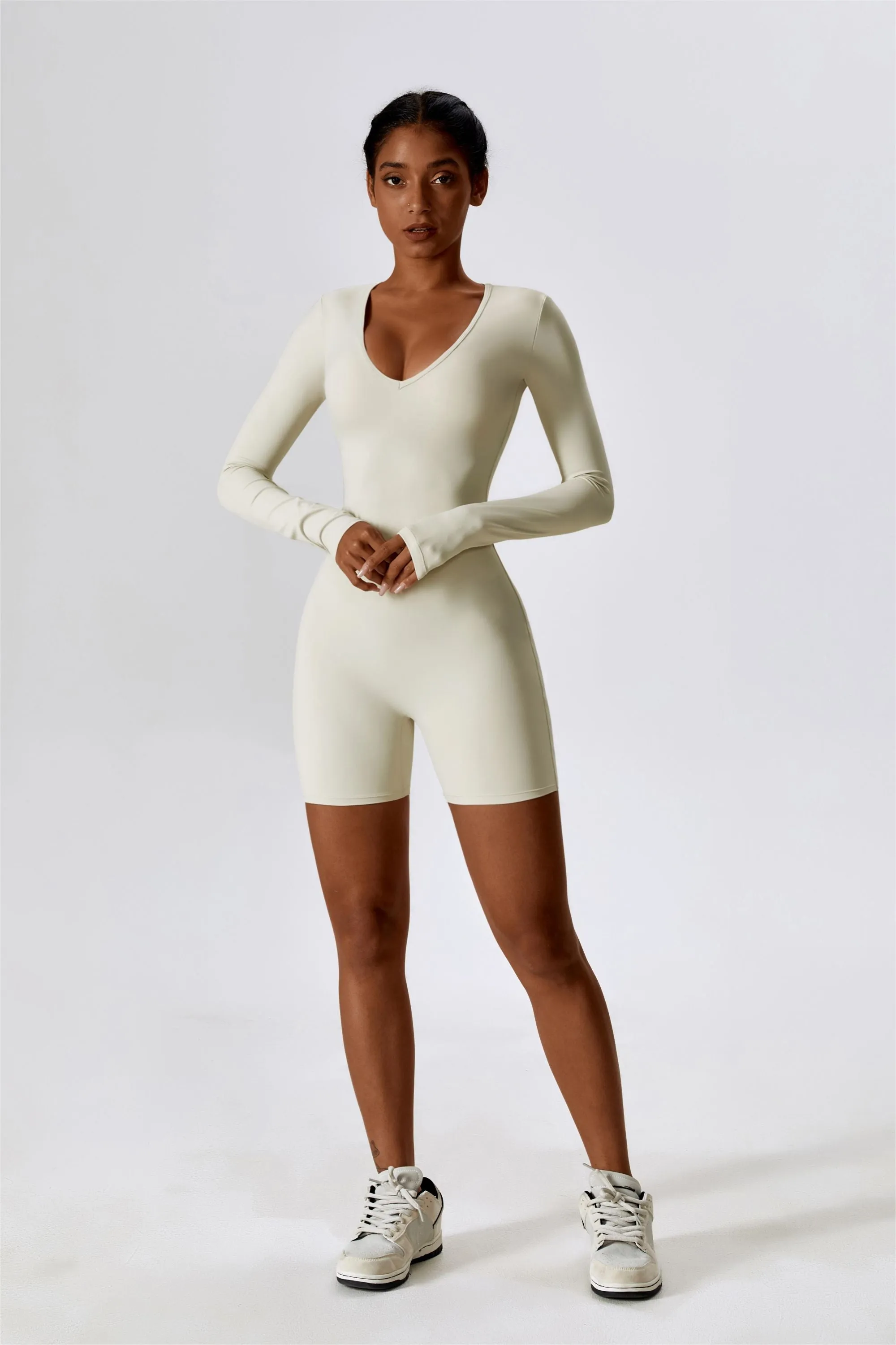 Long Sleeve Plunge Workout Romper Shorts