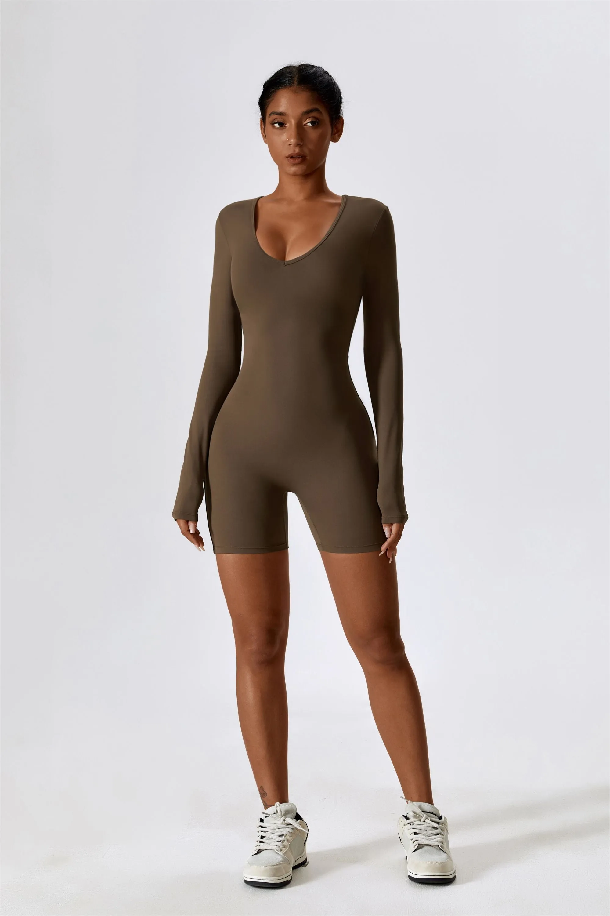Long Sleeve Plunge Workout Romper Shorts