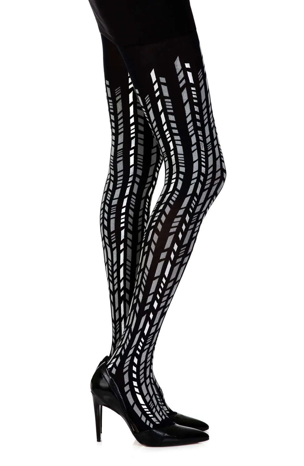 Lovely Grey Silver Geometric Shapes Print 100 Denier Opaque Black Tights