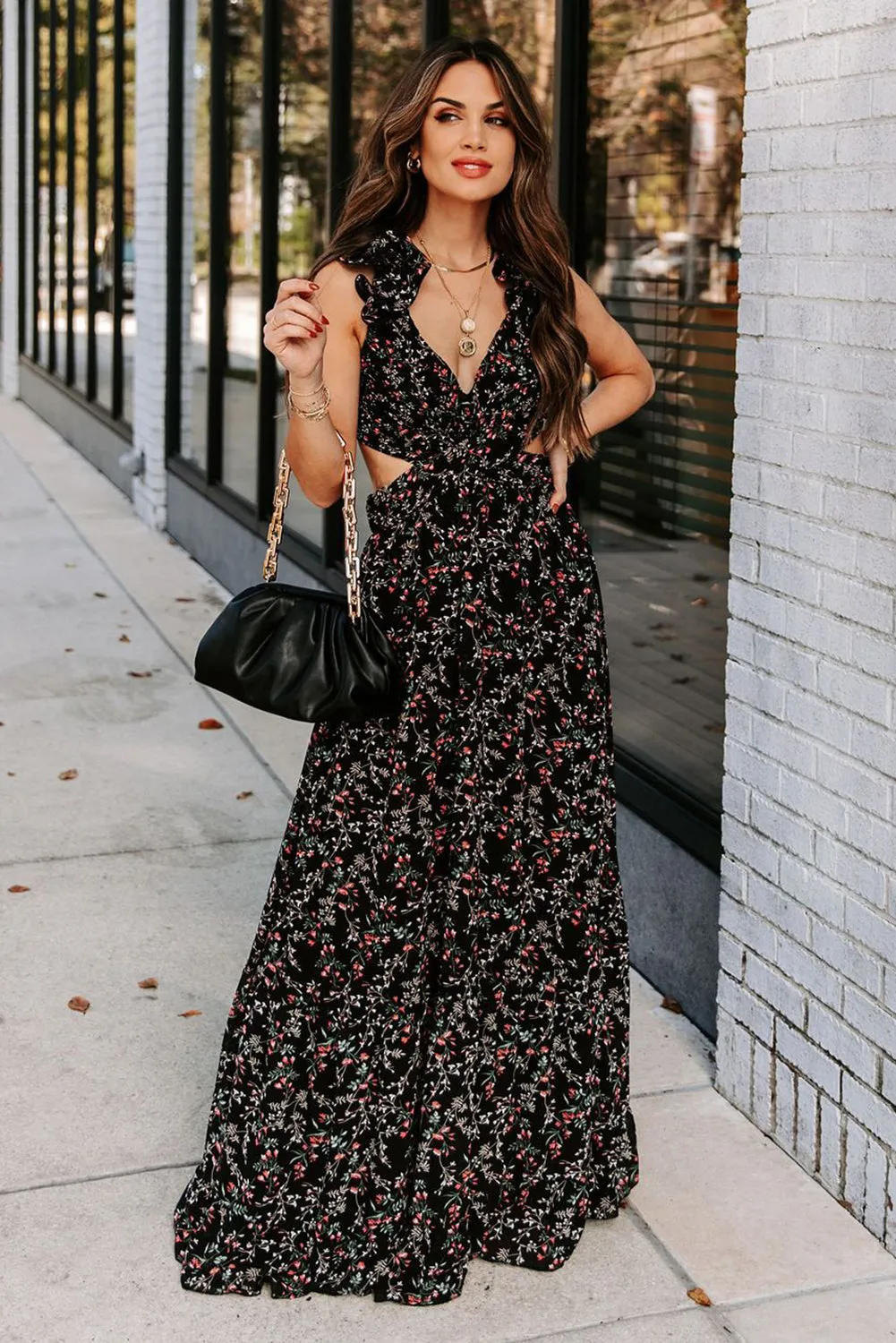 Micah - Black Ruffled Cut-out Criss Cross Backless Maxi Floral Dress