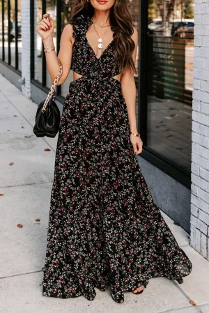 Micah - Black Ruffled Cut-out Criss Cross Backless Maxi Floral Dress