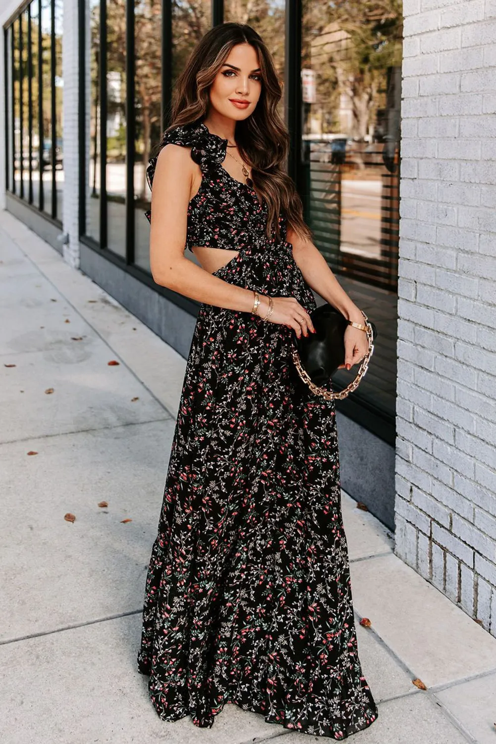 Micah - Black Ruffled Cut-out Criss Cross Backless Maxi Floral Dress
