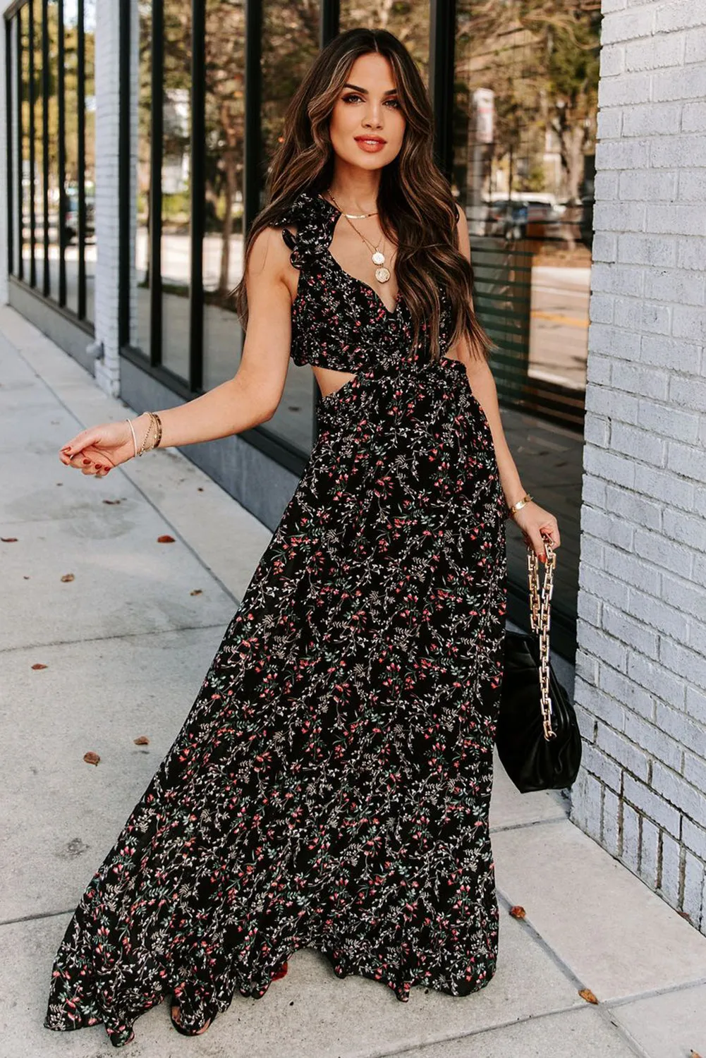 Micah - Black Ruffled Cut-out Criss Cross Backless Maxi Floral Dress