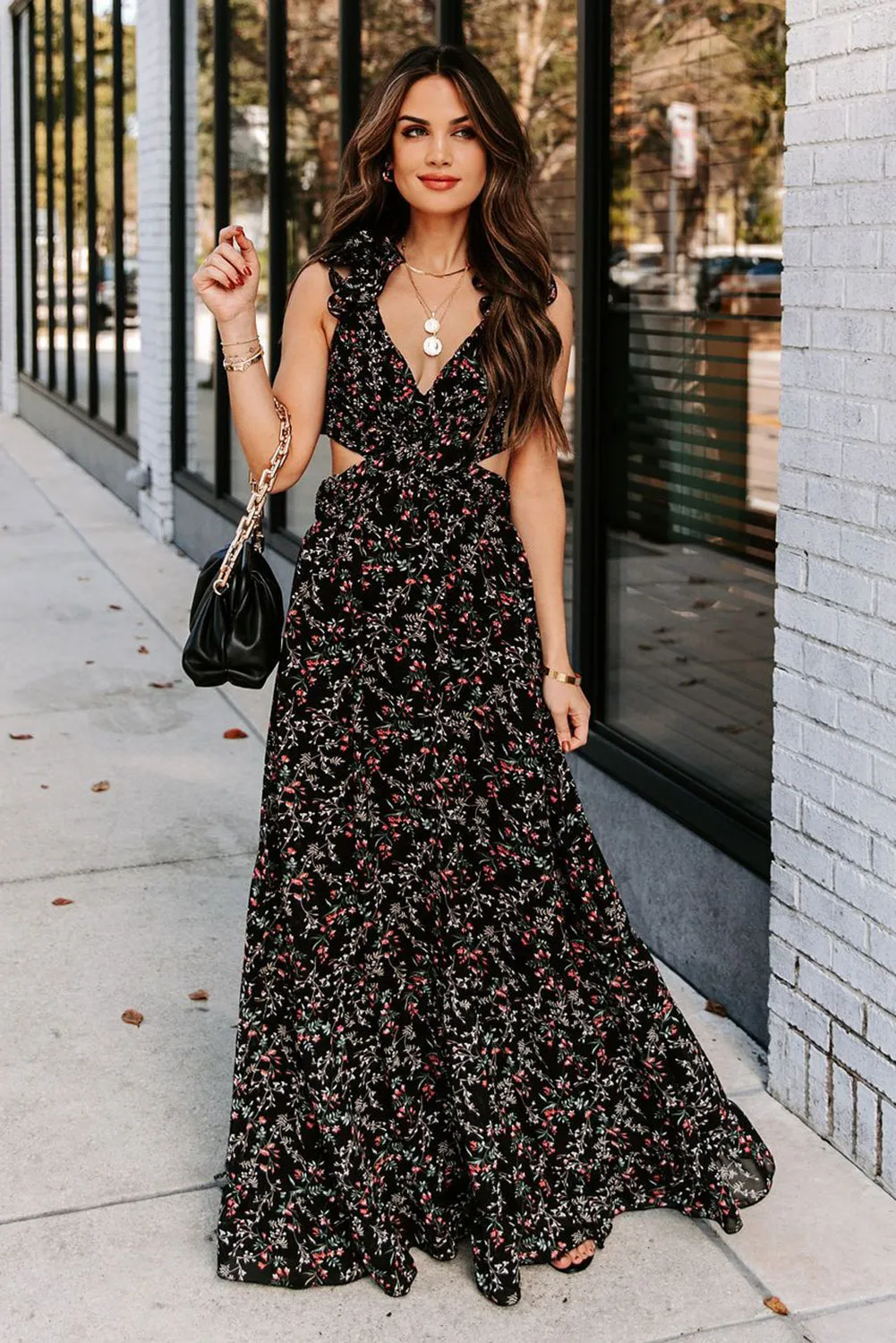 Micah - Black Ruffled Cut-out Criss Cross Backless Maxi Floral Dress