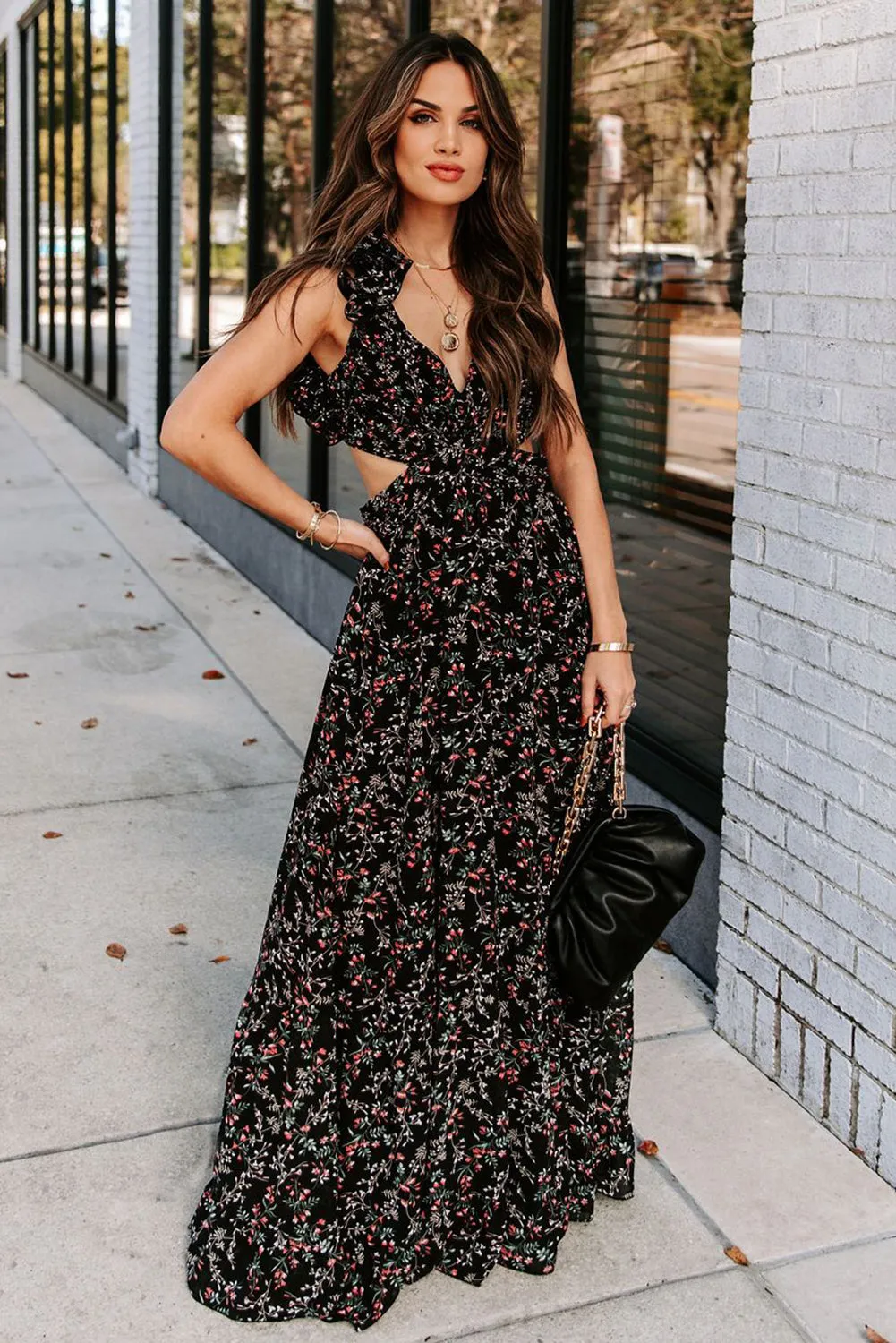 Micah - Black Ruffled Cut-out Criss Cross Backless Maxi Floral Dress