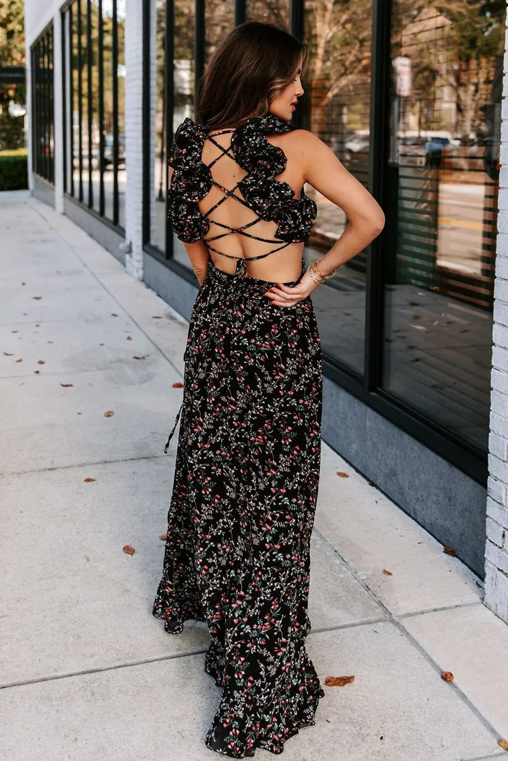 Micah - Black Ruffled Cut-out Criss Cross Backless Maxi Floral Dress