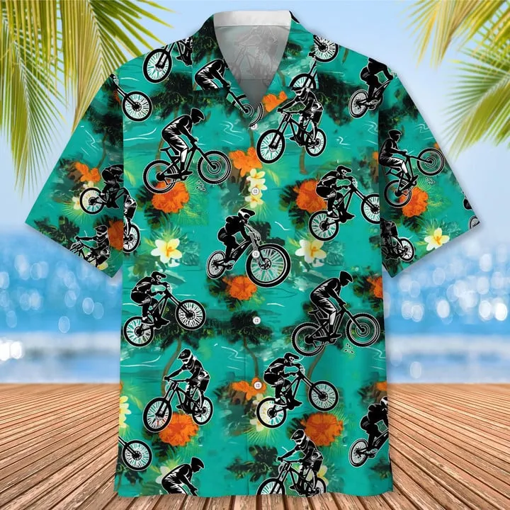 Mountain Bike Seamless Pattern Hawaiian Shirt, Men's Unisex Summer Beach Casual Short Sleeve Summer Vacation Beach Shirts