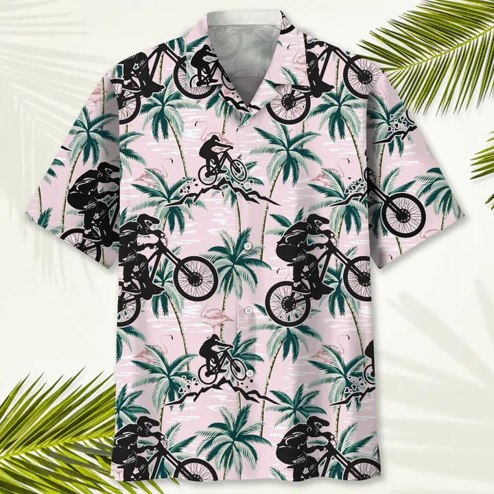 Mountain Bike Seamless Pattern Hawaiian Shirt, Men's Unisex Summer Beach Casual Short Sleeve Summer Vacation Beach Shirts