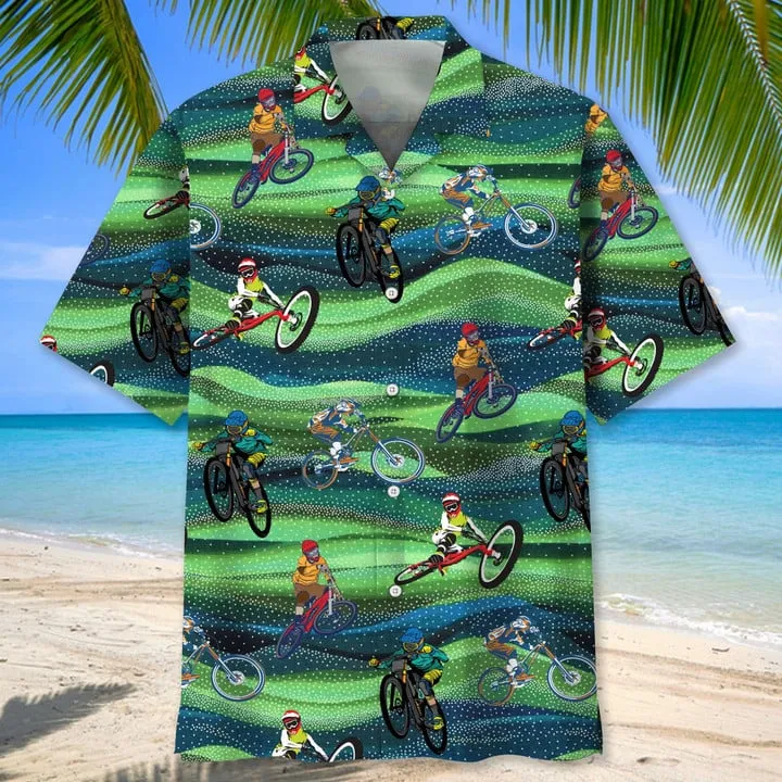Mountain Bike Seamless Pattern Hawaiian Shirt, Men's Unisex Summer Beach Casual Short Sleeve Summer Vacation Beach Shirts