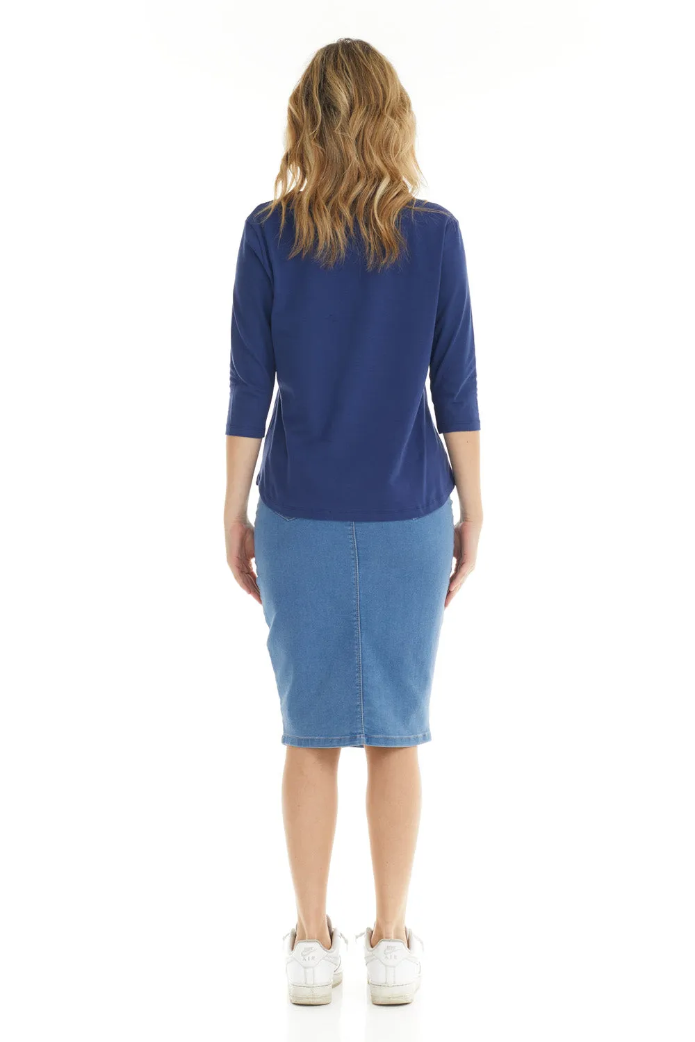 Navy Blue 3/4 Sleeve Cotton Henley Top for Women