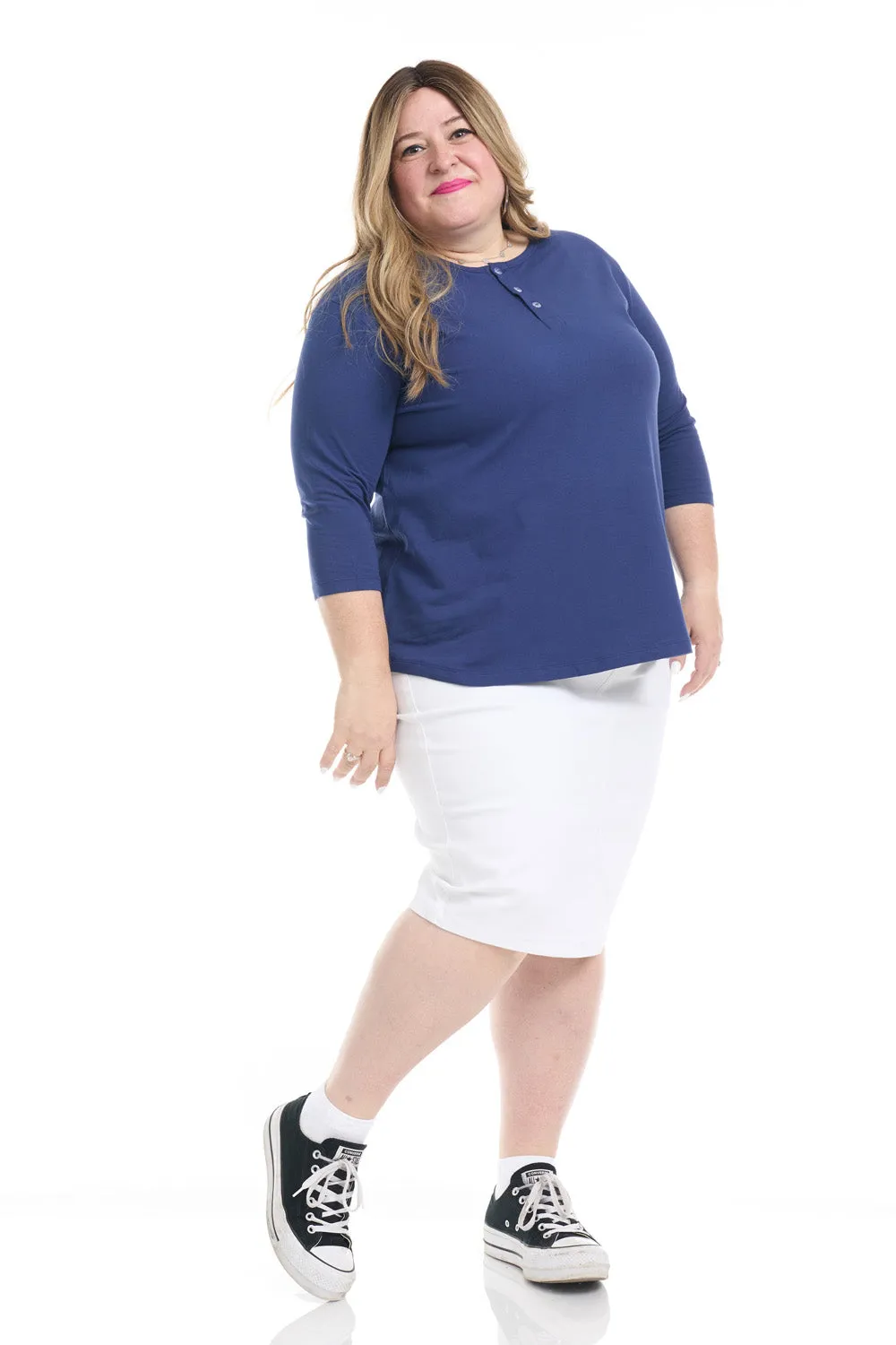 Navy Blue 3/4 Sleeve Cotton Henley Top for Women