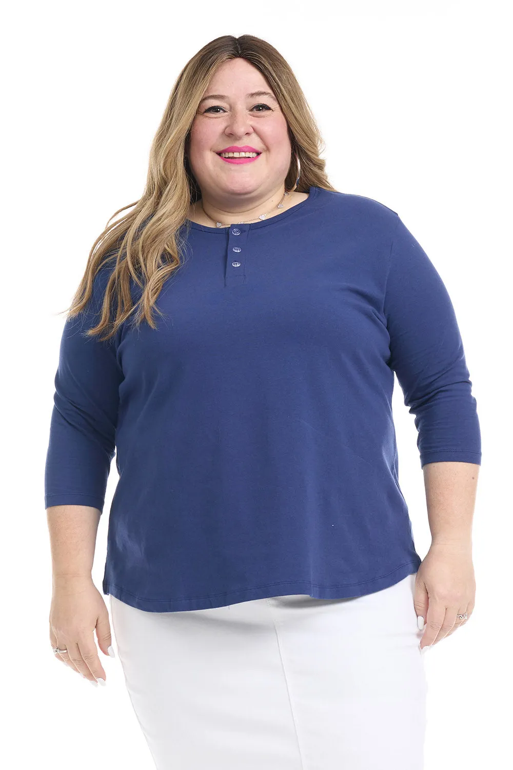 Navy Blue 3/4 Sleeve Cotton Henley Top for Women