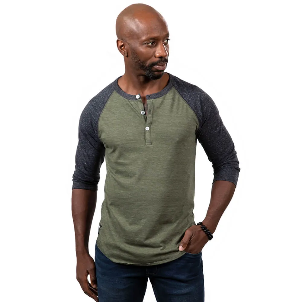 Olive & Charcoal Grey Contrast 3/4 Raglan Sleeve Tri-Blend Henley Shirt (XL & XXL Available)