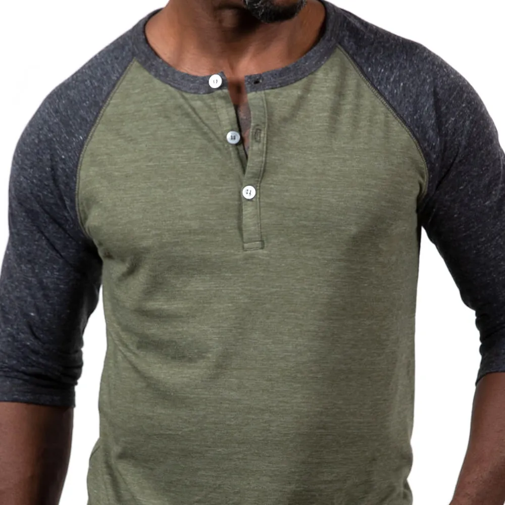 Olive & Charcoal Grey Contrast 3/4 Raglan Sleeve Tri-Blend Henley Shirt (XL & XXL Available)