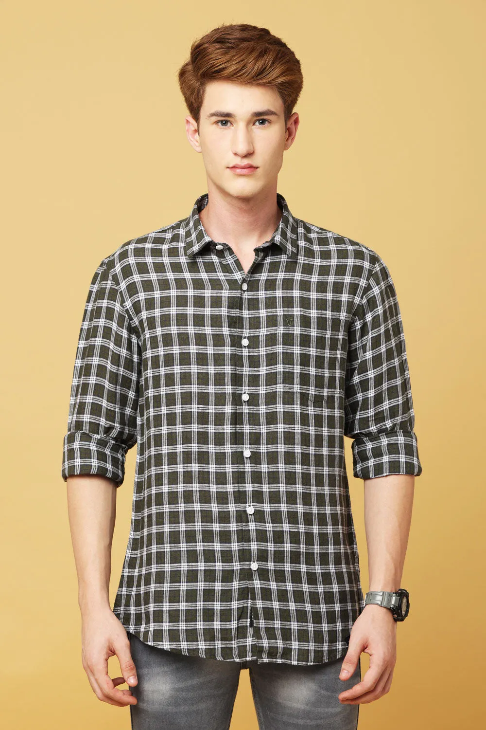 Olive Green & White Cotton Shirt