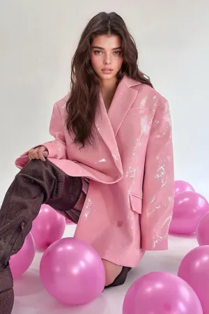 Oversized Double Breasted Blazer with Sequins - Pink