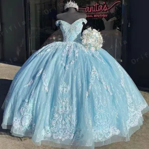Quinceanera Dresses Lace Applique Beaded Bling Organza Off Shoulder Sweet 16 Dress Ball Gown Prom Dress     fg887