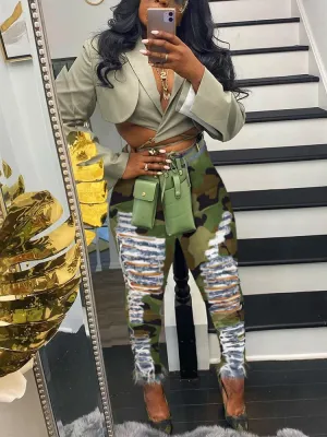 Ripped Camouflage Printed Jeans