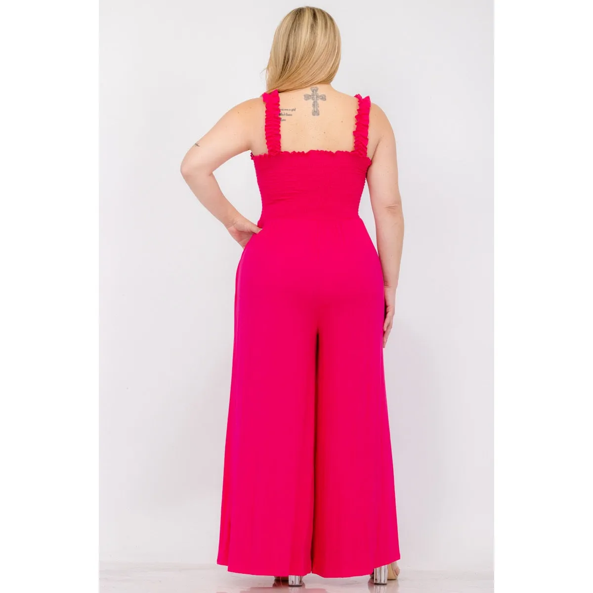 Royal Curves Ruffles Strap Smocked Wide Leg Jumpsuit