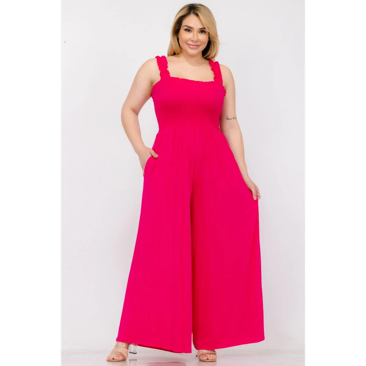 Royal Curves Ruffles Strap Smocked Wide Leg Jumpsuit