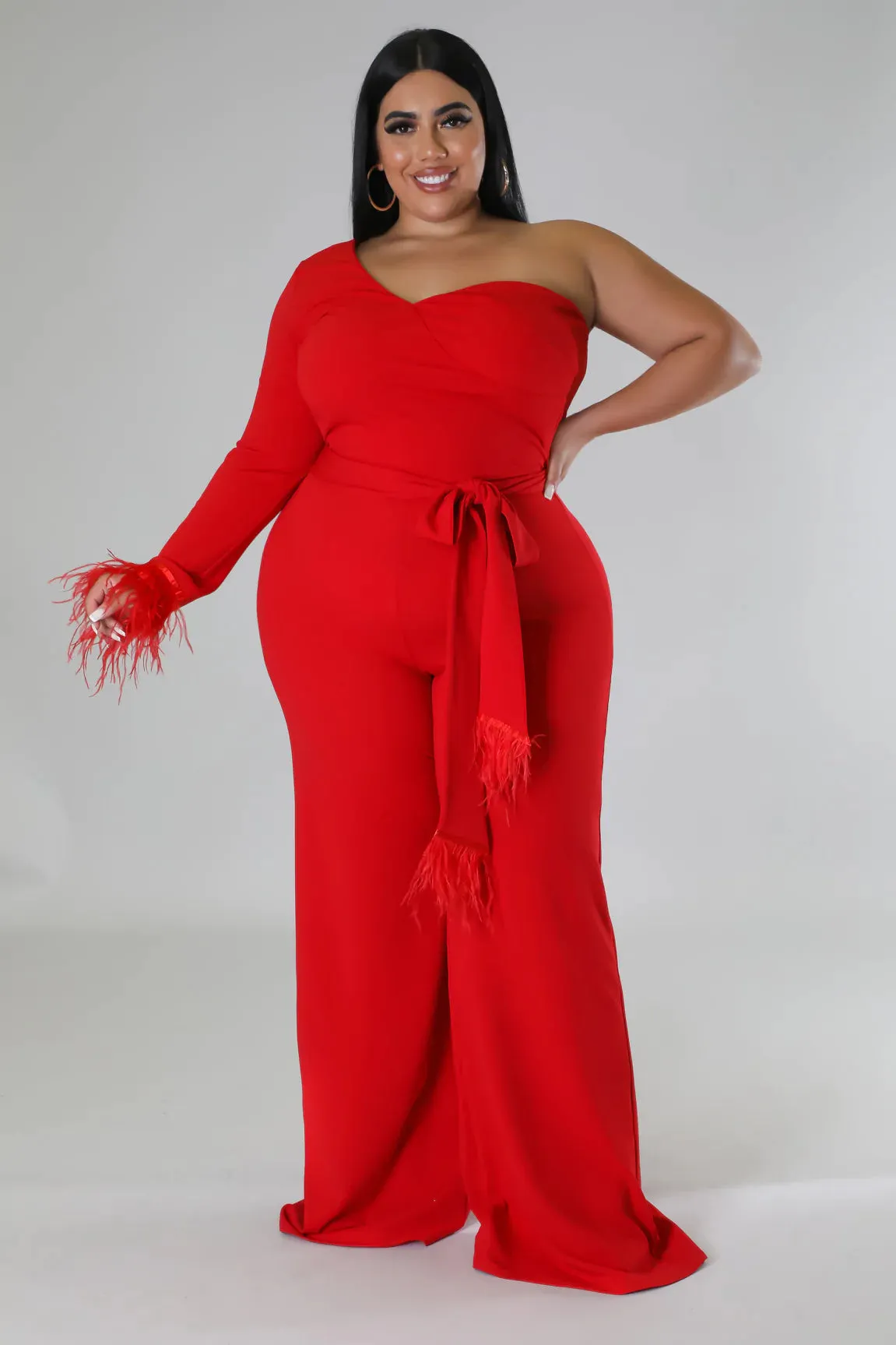 Royal Curves Scarlet Red Feather Jumpsuit