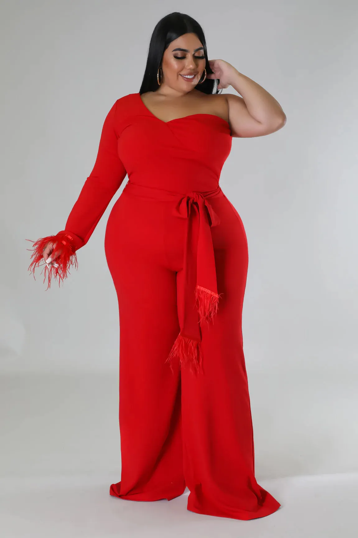 Royal Curves Scarlet Red Feather Jumpsuit