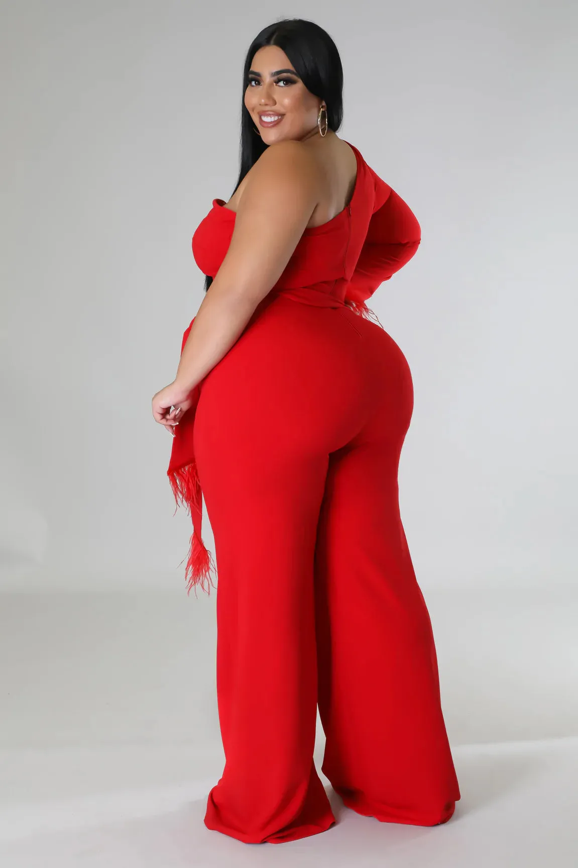 Royal Curves Scarlet Red Feather Jumpsuit