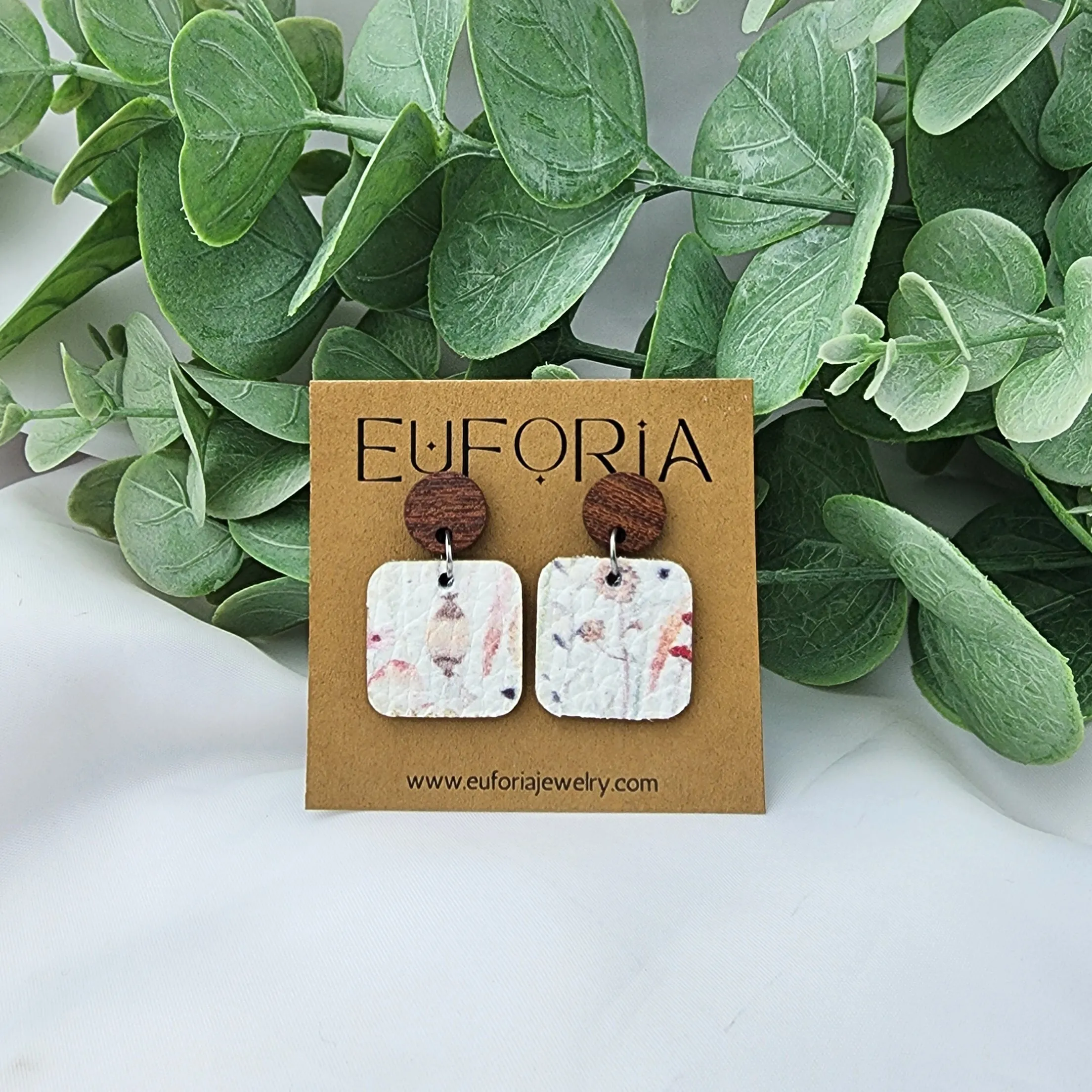 Small Square Leather Earrings - Water Color Stems Over White