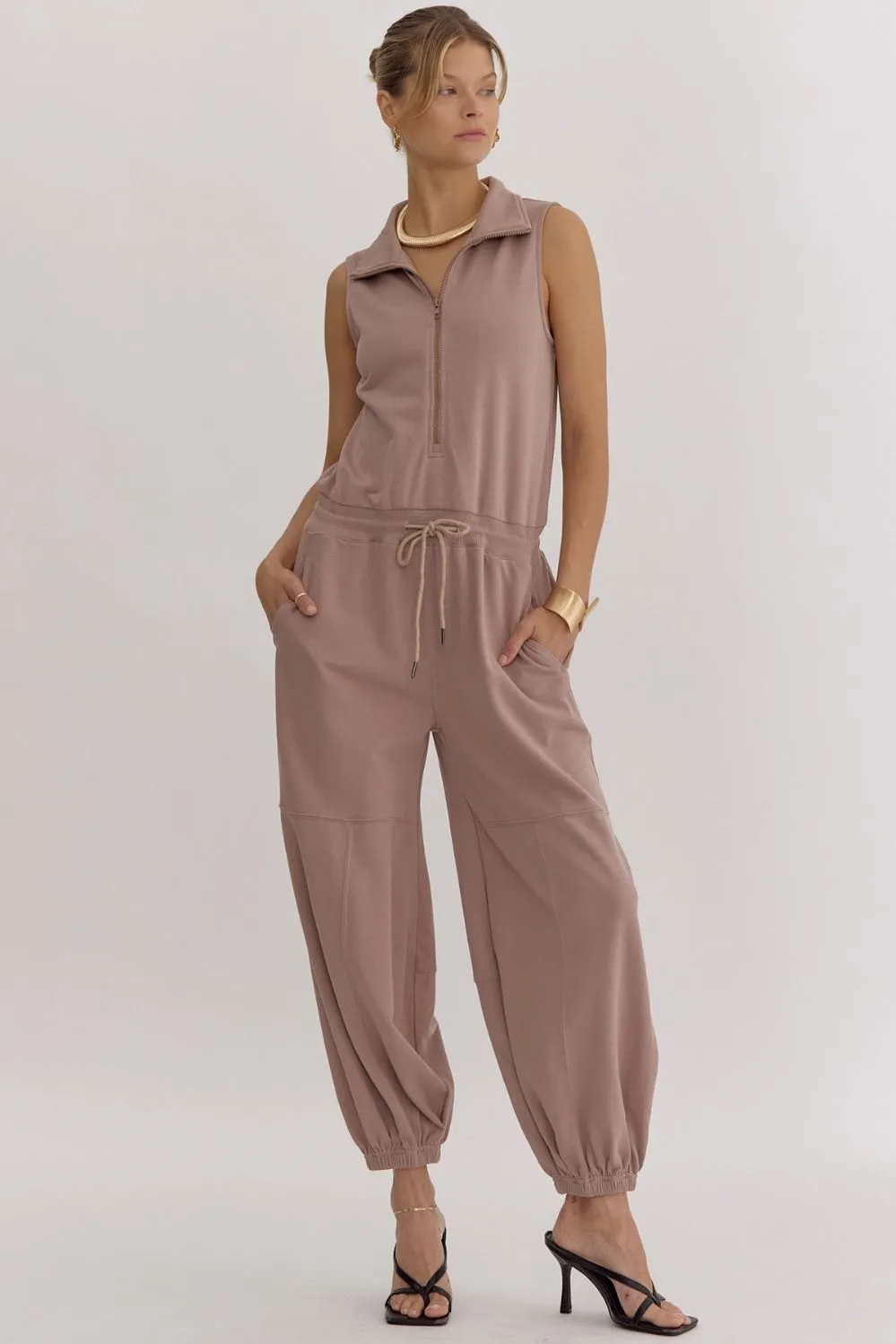 Solid Zip Up Collared Sleeveless Jogger Style Jumpsuit