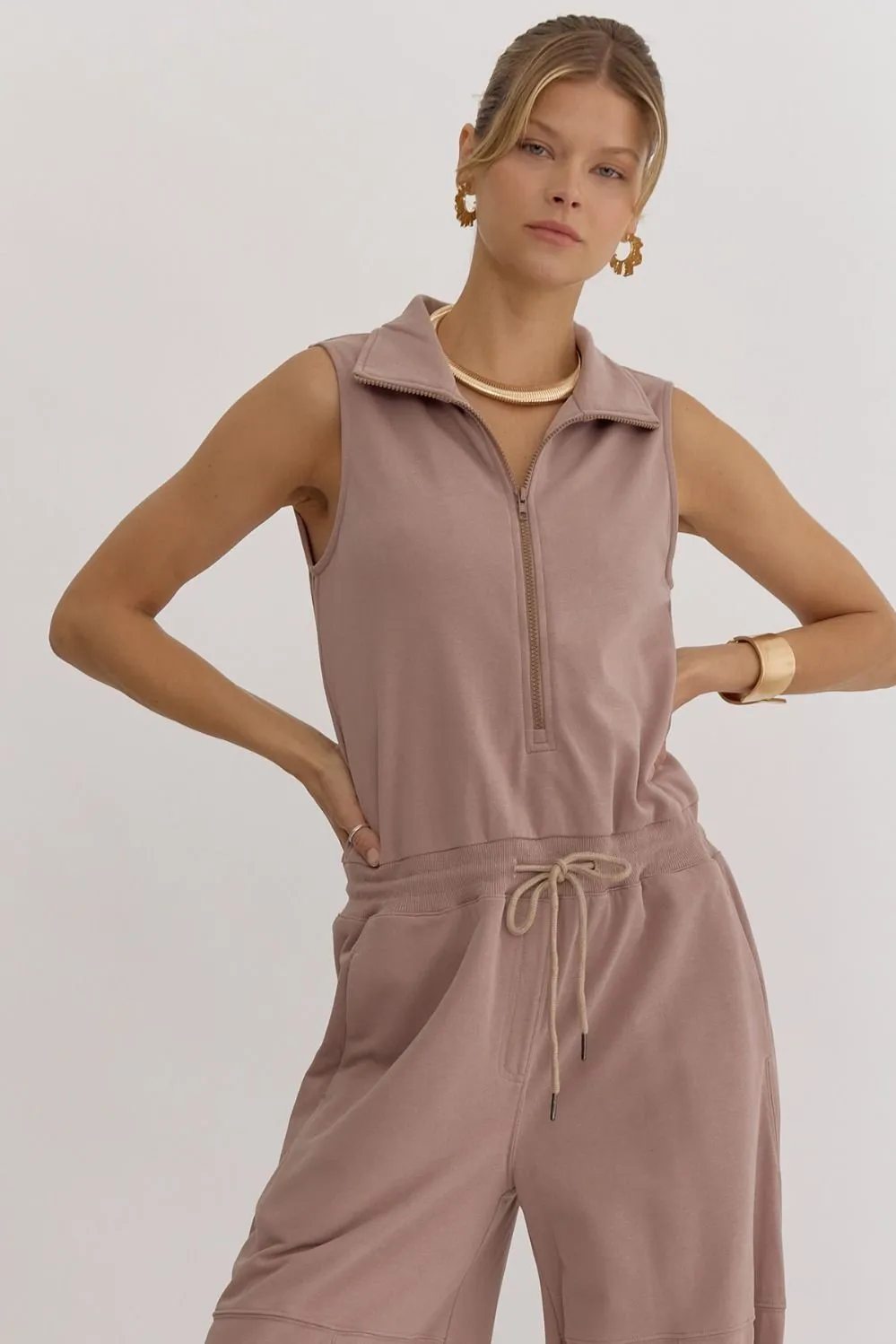 Solid Zip Up Collared Sleeveless Jogger Style Jumpsuit