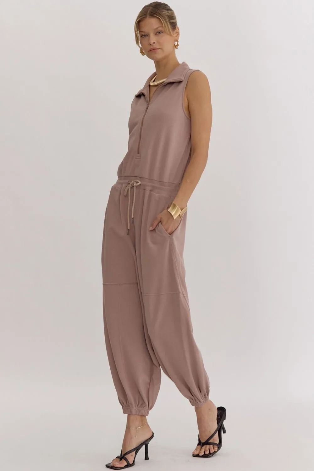 Solid Zip Up Collared Sleeveless Jogger Style Jumpsuit