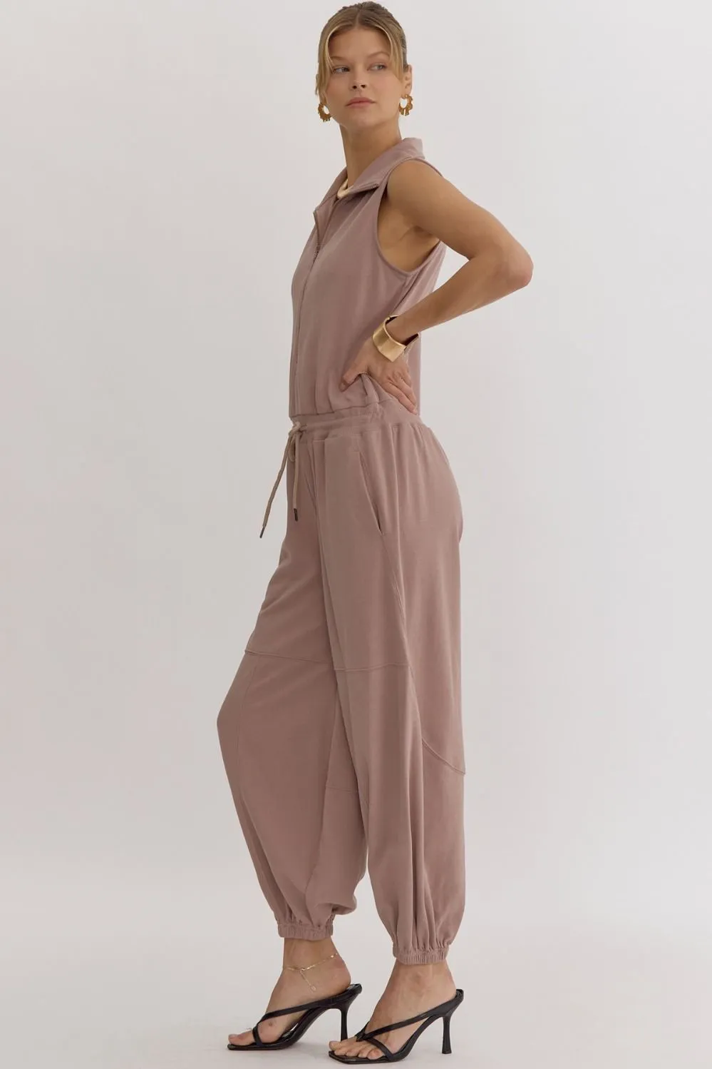 Solid Zip Up Collared Sleeveless Jogger Style Jumpsuit