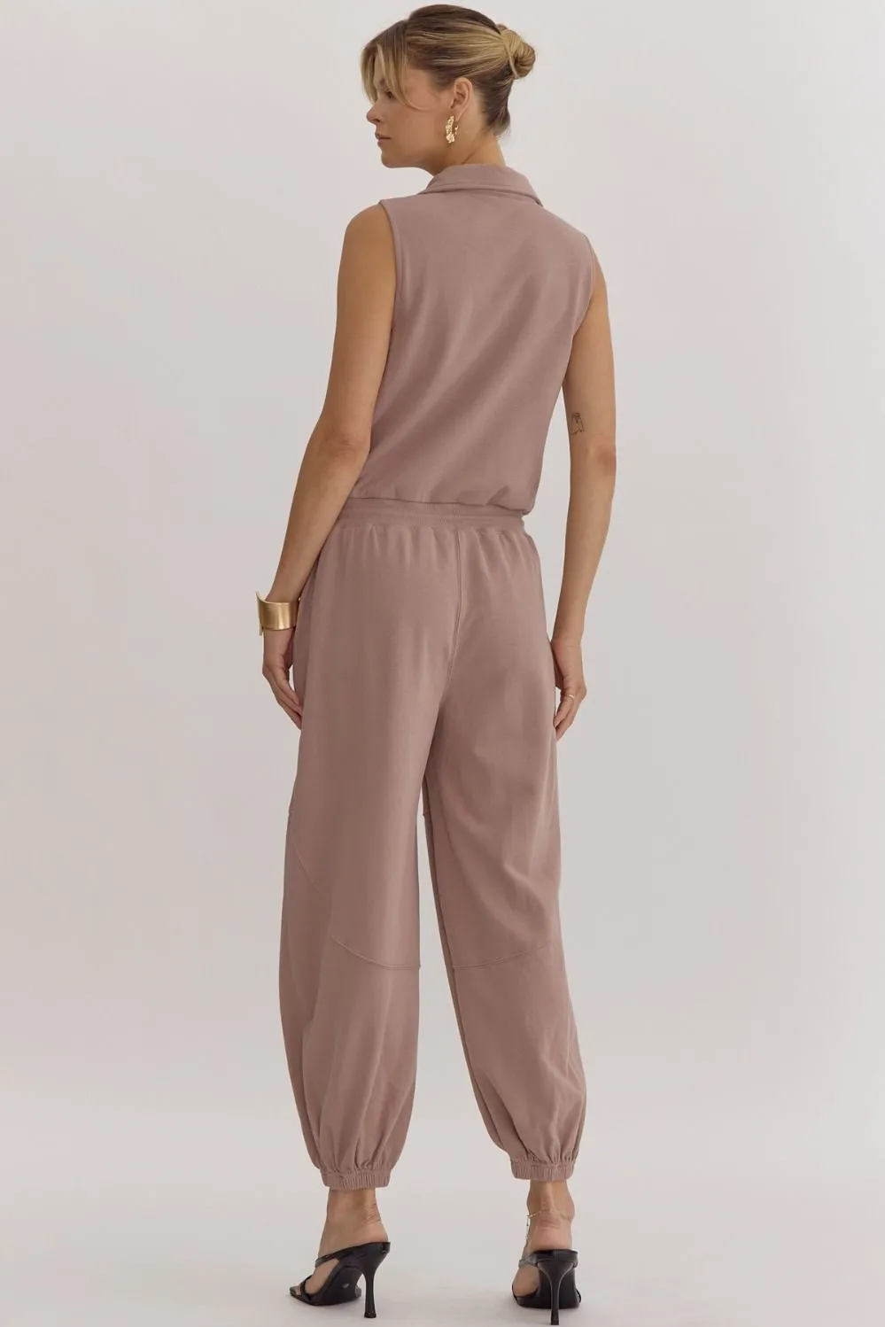 Solid Zip Up Collared Sleeveless Jogger Style Jumpsuit