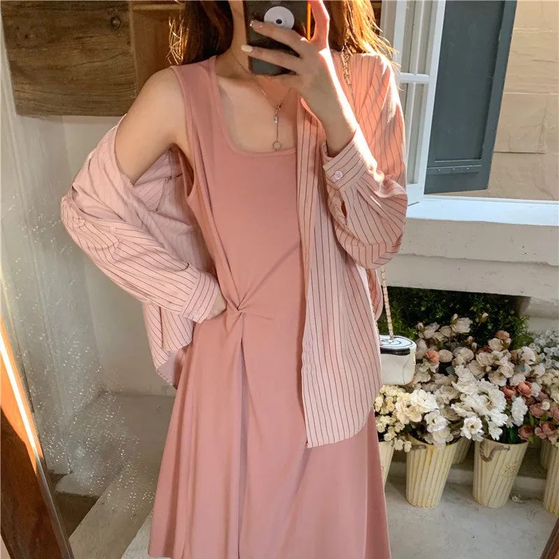 Vintage Plus Size Striped Pocket Lapel Shirt Dress
