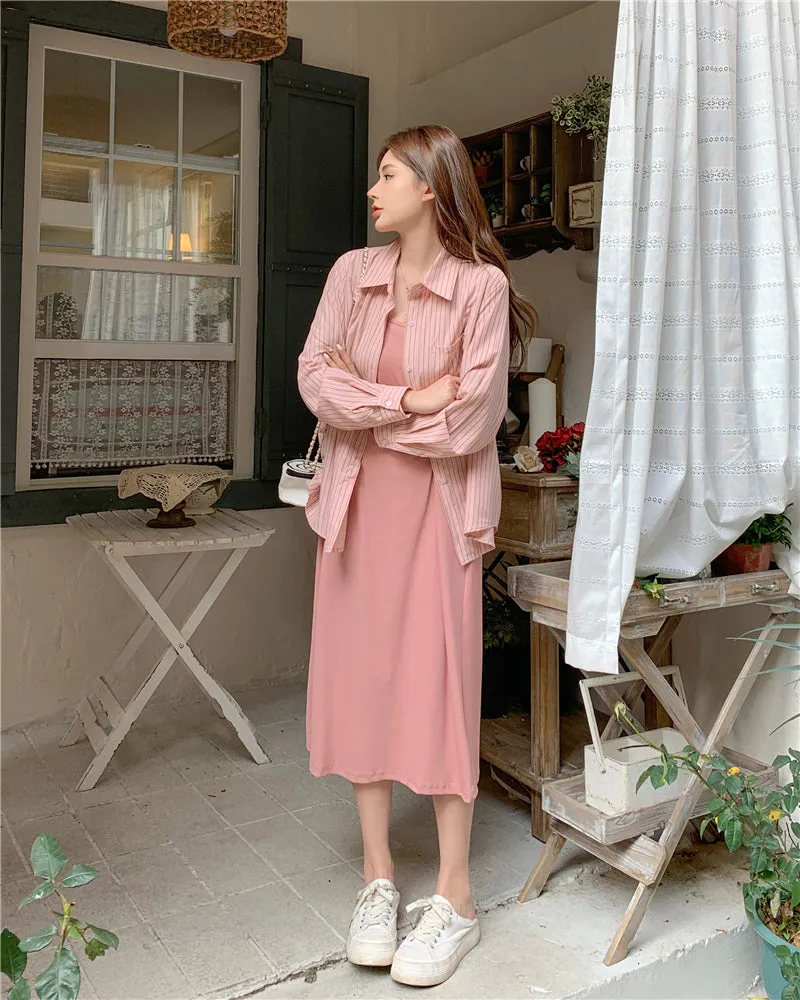 Vintage Plus Size Striped Pocket Lapel Shirt Dress
