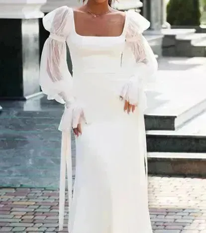Women's Ruffled Long Sleeve Banquet Temperament High Waist Mop White Wedding  Party Fish Tail Styled  Dress Mermaid Dress