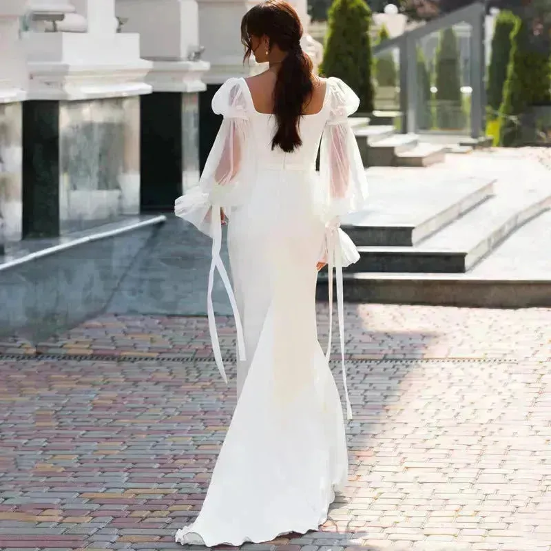 Women's Ruffled Long Sleeve Banquet Temperament High Waist Mop White Wedding  Party Fish Tail Styled  Dress Mermaid Dress