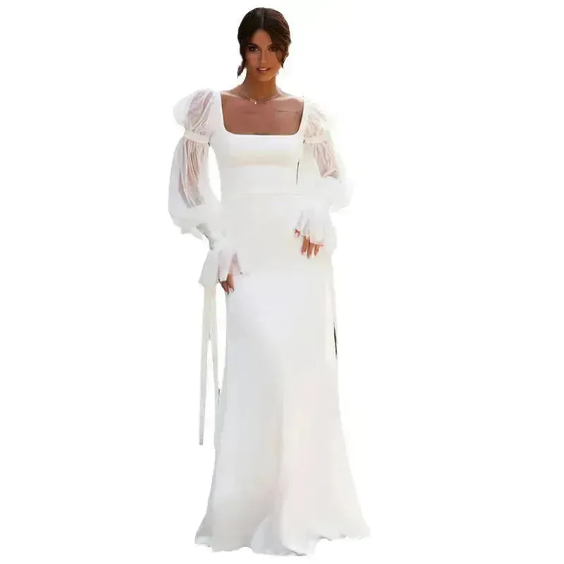 Women's Ruffled Long Sleeve Banquet Temperament High Waist Mop White Wedding  Party Fish Tail Styled  Dress Mermaid Dress