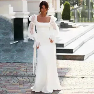Women's Ruffled Long Sleeve Banquet Temperament High Waist Mop White Wedding  Party Fish Tail Styled  Dress Mermaid Dress