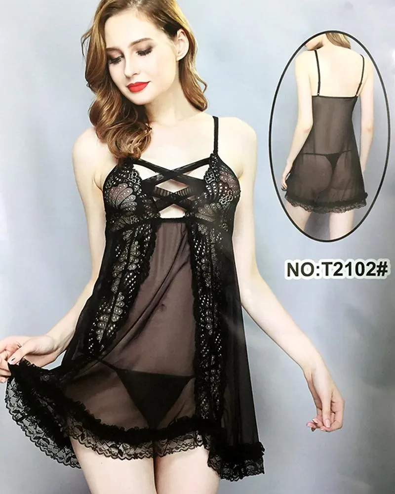 Women's Short Lace Lingerie Babydoll Sheer Gown Chemise Mesh Nightdress - T2102#