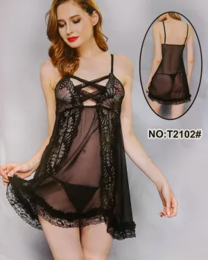 Women's Short Lace Lingerie Babydoll Sheer Gown Chemise Mesh Nightdress - T2102#