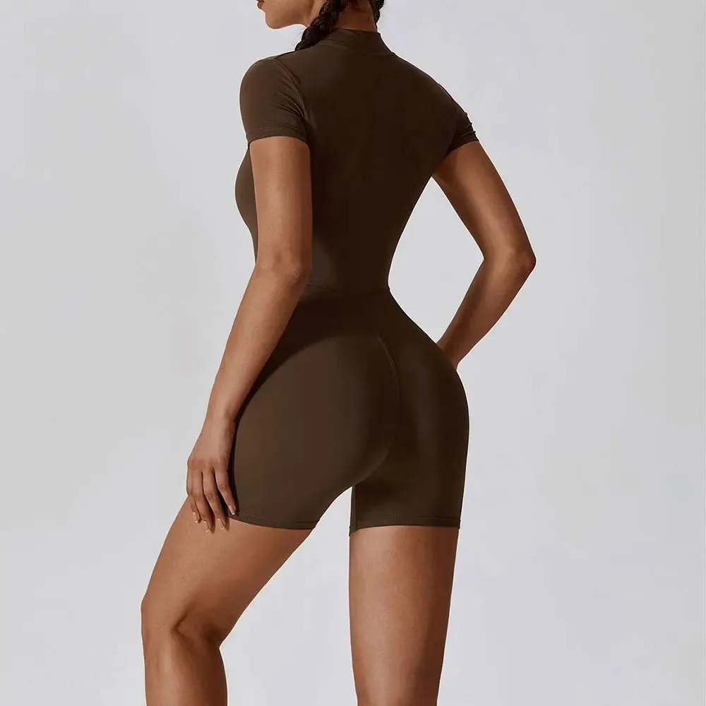 Zipper Short-Sleeve Yoga Bodysuit