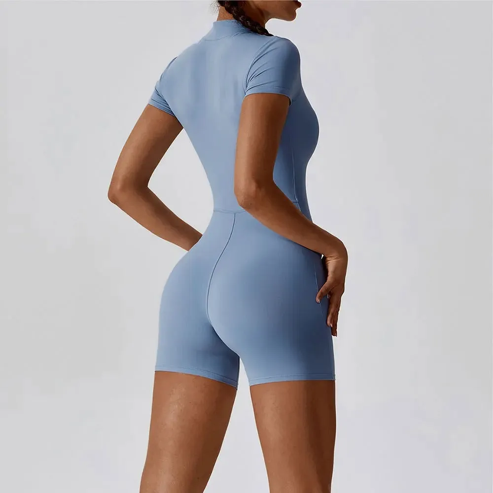 Zipper Short-Sleeve Yoga Bodysuit