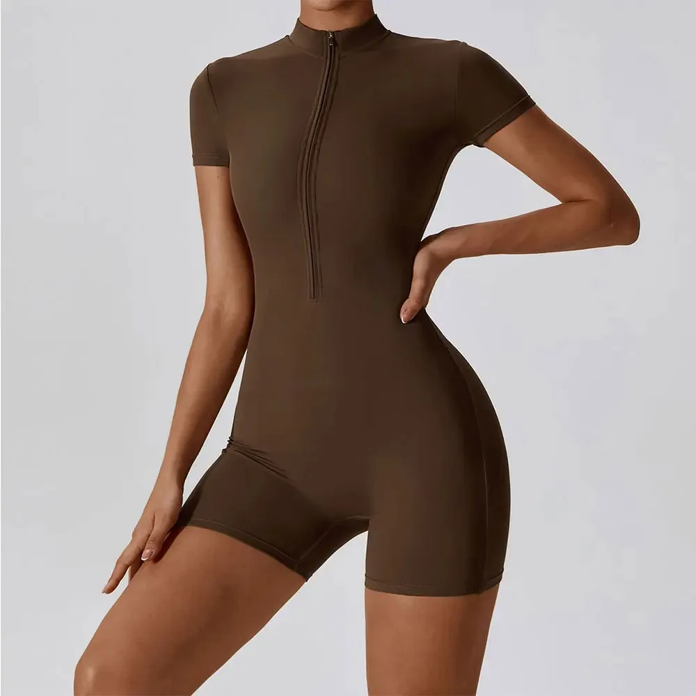 Zipper Short-Sleeve Yoga Bodysuit
